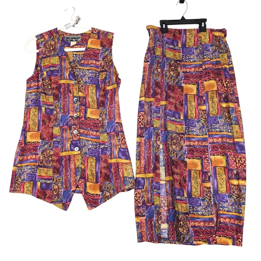 Vintage 90s New York News Multicolor 2pc Outfit Womens M Tunic Blouse Midi Skirt